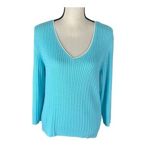 Lauren Ralph Lauren Sweater Women‎ L Teal Blue Pullover V-Neck Cable Knit